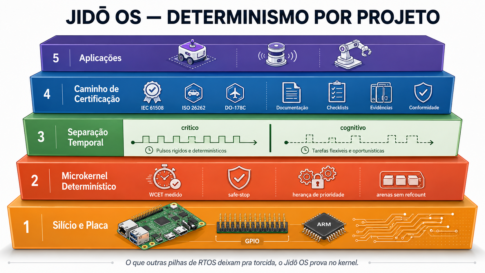 Infográfico Jidō OS — Determinismo por Projeto, com cinco camadas do silício às aplicações.