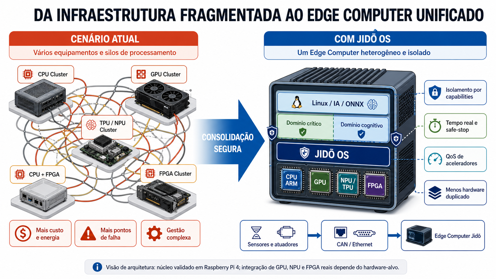 Comparação entre infraestrutura fragmentada com clusters separados e um Edge Computer heterogêneo unificado pelo Jidō OS.